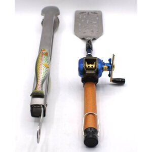Gibson Bait Cast Fishing BBQ Tool Set Tongs and Spatula Reel Fish Handle SS Vtg